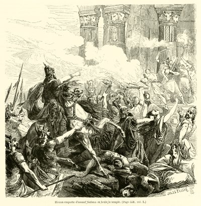 Hircan stormer Sikem og brænder templet (gravering) af French School