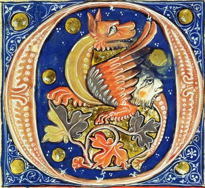 Historik initial O, der viser en bevinget griffin af French School