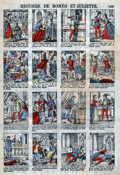 Romeo og Julies historie efter William Shakespeares skuespil (1564-1616). Epinal billeddannelse fra slutningen af det 19. århundrede. af French School