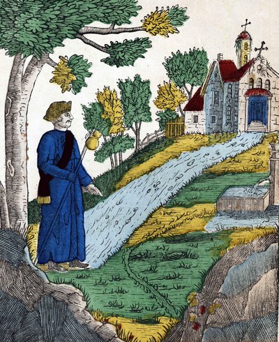 Historien om de fire sønner Aymon; Efter at have gjort Karl den Store til fange, tog Maugis til en eremitage for at gøre bod der, billede af en spinal fra det 19. århundrede. af French School