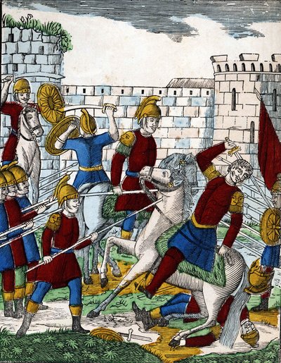 Historien om de fire sønner Aymon; Forræderen Ganélon, der ligger i et baghold i Soissons-dalen, dræber hertugen af Beauves d