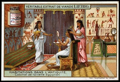 Boliger i antikken: Egyptisk badeværelse - Liebig-reklamemærkat af French School