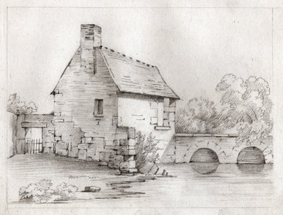 Hus ved floden. (tegning, omkring 1830) af French School
