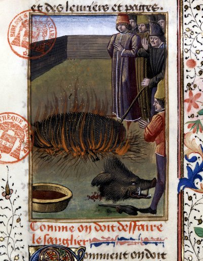 Hvordan man fælder en orne - i "" Jagtbog af Gaston Phoebus, greve af Foix, Lord of Bearn"" af French School