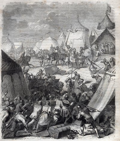 Hundredårskrig: Slaget ved Poitiers (1356). Indgravering i "" Pavernes historie (...) Dronningekongens og kejsernes forbrydelser gennem århundrederne" af Maurice Lachatre af French School
