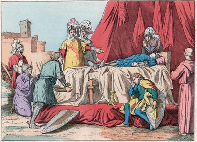 Hundrede års krig: "" La mort de Bernard du Guesclin (1320-1380) devant Chateauneuf de Randon le 13/07/1380"" - Duguesclins død (under belejringen af Chateauneuf-de-Randon den 13. juli 1380) - Indgravering af slutningen af det 19. århundrede i "" Nos Gires af French School