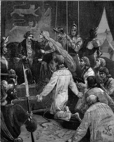 Hundrede års krig. Borgerskabet i Calais: Devouering af Eustache af St. Peter og hans ledsagere til kong Edward III af England bønfalder om deres nåde, støttet af dronning Philippa af Hainaut (1311-1369). af French School