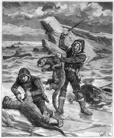 Hunter oddere i Alaska - jæger af Alaska oddere i 1888 - Indgravering i "" Journal des Voyages""" 1888 af French School