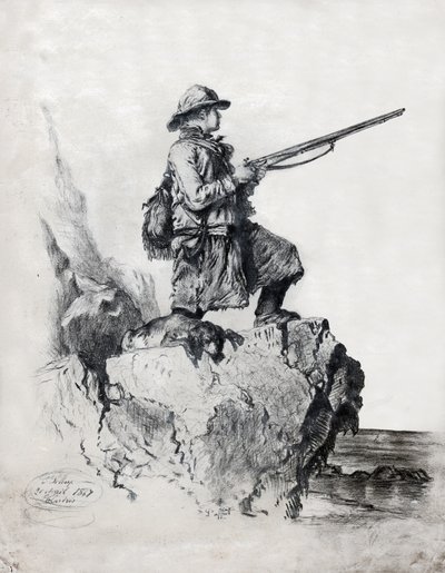 Jæger med sin hund. (tegning af French School