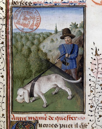 Jagthund holdt i en flirtende snor - i "" Jagtbog af Gaston Phoebus, greve af Foix, Lord of Béarn"" af French School