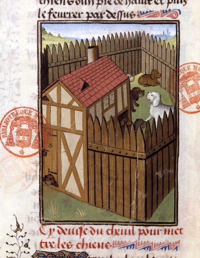 Jagthunde i en kennel - i "" Jagtbog af Gaston Phoebus, greve af Foix, Lord of Bearn"" af French School