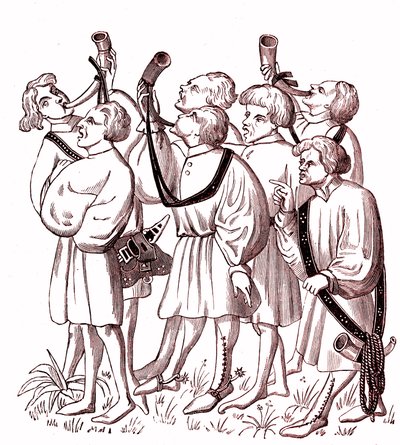 Sarvensoittajien metsästys (1400-luku) - Gaston Phebusin (1331-1391) käsikirjoituksen pienoismallin Simile College af French School