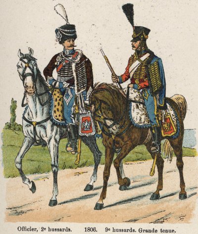 Husarernes 1. vendemiar An XII (24. september 1803): Officer, 2. husarer og 9. husarer i stor kjole i 1806. Tavle fra bogen Les Uniforms de l