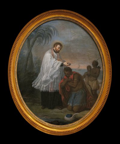 Jeg døber en indianer. Karakteren, der modtager dåben, ser ikke ud til at være en indianer, i modsætning til de to karakterer i baggrunden. Dette maleri kunne være en allegori af jesuiternes evangeliseringsmission på alle kontinenter. Det giver os dog muli af French School