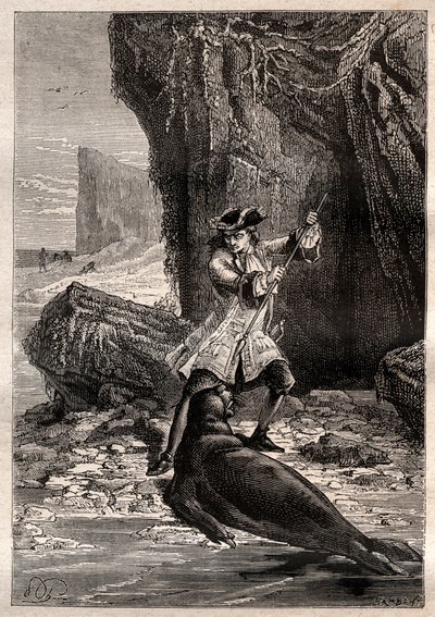 Jeg skød min spade i hans bryst: Woodes Rogers (1679-1732) angrebet af en marinehund (sæl) på en af Galapagos-øerne i Stillehavet i 1709 - illustration taget fra "The Great Mariners of the 18th century" af French School