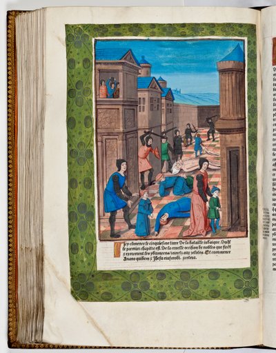 Idumæere gør oprør mod Rom ved at slagte ypperstepræsterne Ananus og Jesus, 68 e.Kr. (håndfarvet tryk) af French School