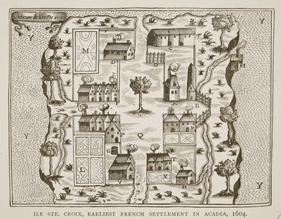 Ile Ste. Croix, den tidligste franske bosættelse i Acadia, 1604, fra Voyages af Samuel de Champlain (ca. 1580-1635), 1613 af French School