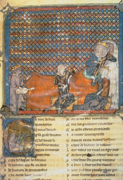 Oplyst side fra en antologi, der fra venstre mod højre viser Adenet le Roi, en minstrel for hertug Henrik; Greve Guy af Flandern; Marie, dronning af Frankrig og hustru til Filip den Dristige (1342-1404); og Mada af French School