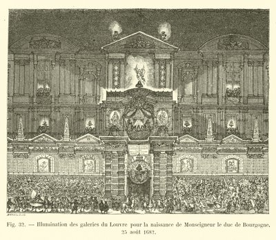 Belysning af Louvres gallerier til fødslen af ​​Monseigneur, hertugen af ​​Bourgogne, 25. august 1682 af French School