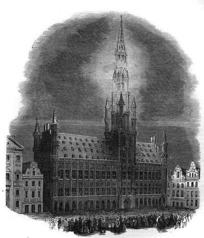 Belysning af Bruxelles rådhus den 26. september 1864 i anledning af jubilæet for kampene, der befriede Belgien fra hollandsk dominans. Fra en skitse af M.D.A. Gravering i "Det illustrale univers" af French School