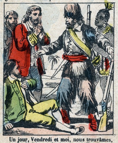 Illustration til Daniel Defoes Bog (De foe) "" Robinson Crusoe"". Epinal billeddannelse fra slutningen af det 19. århundrede. af French School
