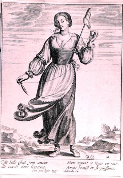 Illustration, der viser en hyrdinde (gravering) (s/h foto) af French School