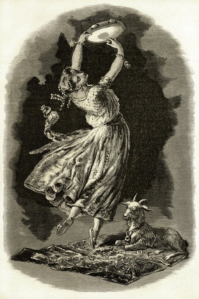 Illustration til "Notre-Dame de Paris" af Victor Hugo: Esmeralda danser og spiller tamburin ved siden af sin ged, begyndende det 20. århundrede (litho) af French School