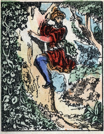Illustration til fortællingerne om de tusinde og en nat. Ali-Baba (Ali Baba). Trægravering fra Imaging Pellerin - Epinal, sd. Slutningen af det 19. århundrede. af French School