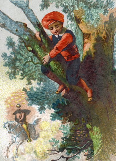 Illustration til fortællingerne om de tusinde og en nat. Ali-Baba (Ali Baba) ser en flok tyve komme langvejs fra ind i skoven, gemmer sig i et træ. Kromolitografi omkring 1890. af French School