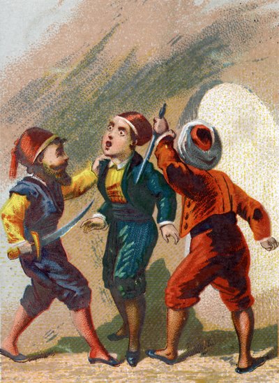 Illustration til fortællingerne om de tusinde og en nat. Cassim jaloux på Ali Baba (Ali Baba) går også til hulen, men glemmer ordet om at gå ud og bliver myrdet af tyve. Kromolitografi omkring 1890. af French School