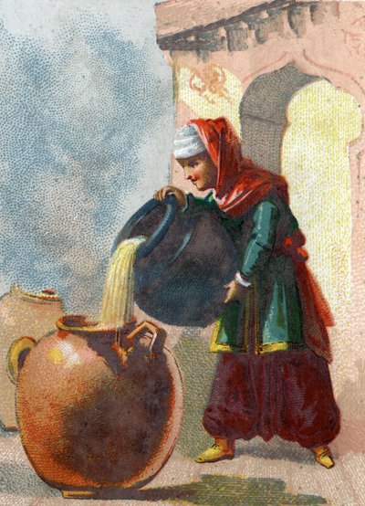 Illustration til historierne om tusind og en nætter. Morgiane, en slave af Ali Baba (Ali Baba), der indså, at vaserne indeholdt tyve, fjernede deres liv ved at hælde kogende olie i hvert kar. Kromolitografi omkring 1890. af French School