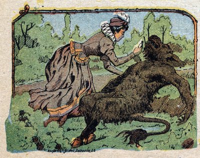 Illustration til fortællingen "Beauty and the Bete"": den smukke genoplivede bete besvimet af smerte, da hun nægtede at foreslå ægteskab. Indgravering af Quinn-billeder, omkring 1890. af French School