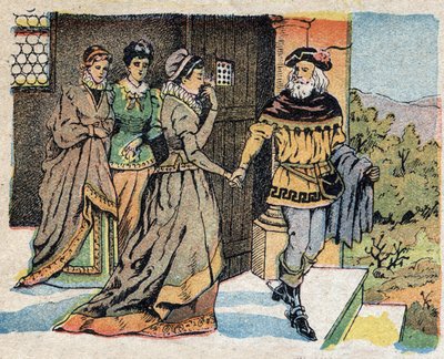 Illustration til fortællingen "La Belle et la Bete"": købmanden, der tog afsted på en rejse, sagde farvel til sine tre døtre og lovede dem en gave ved hjemkomsten. Indgravering af Quinn-billeder, omkring 1890. af French School