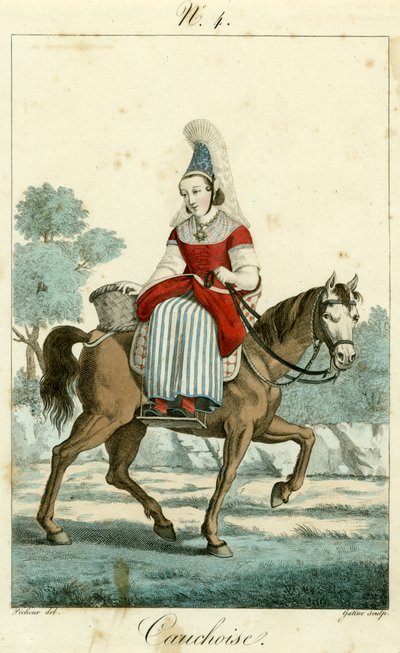 Illustration nr. 4, Cauchoise kostume (farvet gravering) af French School