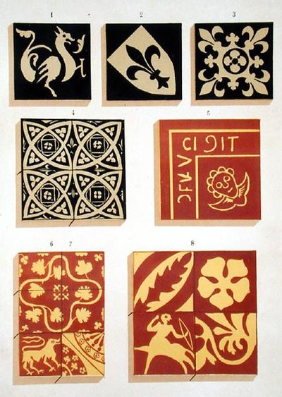 Illustration af keramiske mønstre fra det 13. århundrede fra en dekorationskildebog (farve litho) af French School