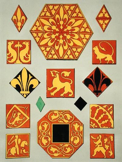 Illustration af keramiske mønstre fra det 13. århundrede fra en dekorationskildebog (farve litho) af French School