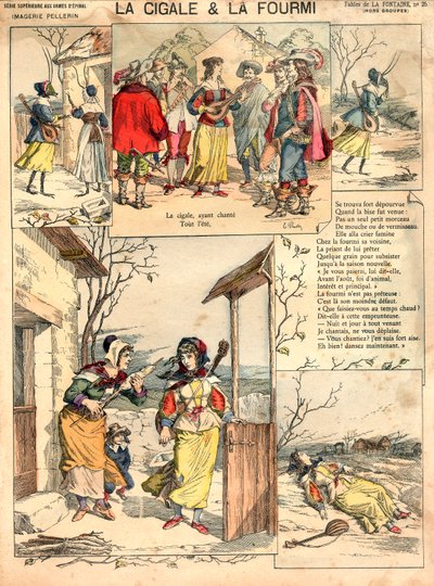 Illustration af La Fontaines fabler Cikaden og myren, kobberstik, ca. 1890 af French School