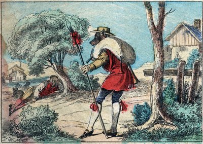 Illustration af fabel af Jean de la Fontaine (1621-1695): ulven blev hyrde. Epinal billeddannelse fra slutningen af det 19. århundrede. af French School
