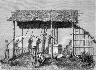 Illustration offentliggjort i 1862-udgaven af "Le Tour du monde", der forestiller en smed i dayaks på øen Borneo. Gravering. af French School