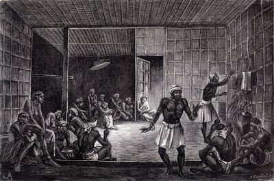 Illustration udgivet i 1862-udgaven af "Le Tour du monde", der skildrer en session med eksorcisme praktiseret af dayaks på øen Borneo. Gravering. af French School
