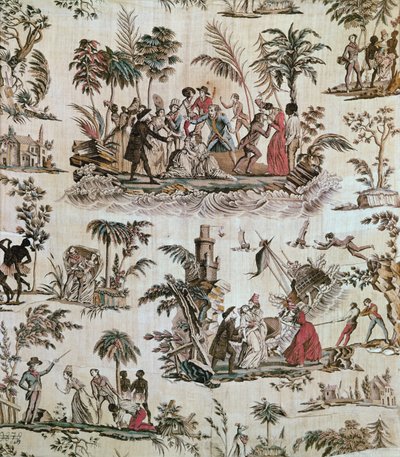 Illustrationer af hændelser fra romanen Paul et Virginie, Toile de Nantes, ca. 1800 (trykt bomuld) af French School