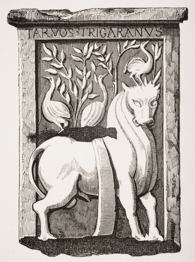 Billede af Holy Ox Celtic monument fundet under koret i Notre Dame Cathedral i Paris i 1711, fra Le Moyen Age et La Renaissance af Paul Lacroix (1806-84) udgivet 1847 af French School