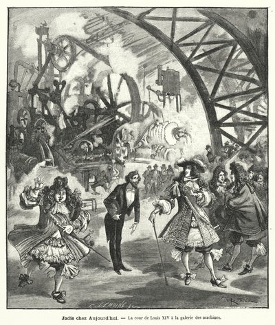 Tænkt besøg af kong Ludvig XIV og hans hof til Maskinernes Pavillon ved Exposition Universelle i Paris i 1889 (gravering) af French School