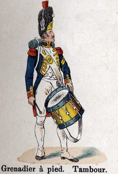 Imperial Guard Napoleon I: Grenadier til fods - Tromme. Tallerken fra bogen Les Uniformes de l