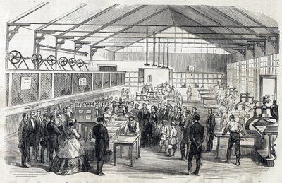 Imponer Eugenie og Imperial Prince besøger Banque de France, 23. juni 1866 - trykning af pengesedler - gravering i Le MONDE Illustrous DU 07/07/1866 af French School