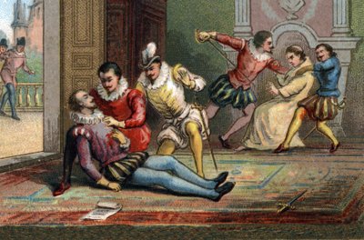 I 1589 myrdede munken Jacques Clement kong Henrik III med et knivstik efter at have fået ham til at læse et brev. Kongen døde i armene på Henrik af Navarra. Kromolitografi omkring 1890. af French School