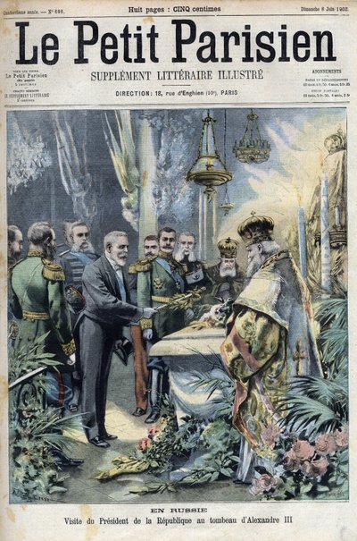 I Rusland: besøg af præsident Emile Loubet (1838-1929) til graven af Alexander III (1845-1894), Ruslands kejser, i "Le petit Parisien"" af French School
