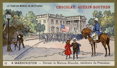 Foran Det Hvide Hus, præsidentens residens, Washington DC (chromolitho) af French School