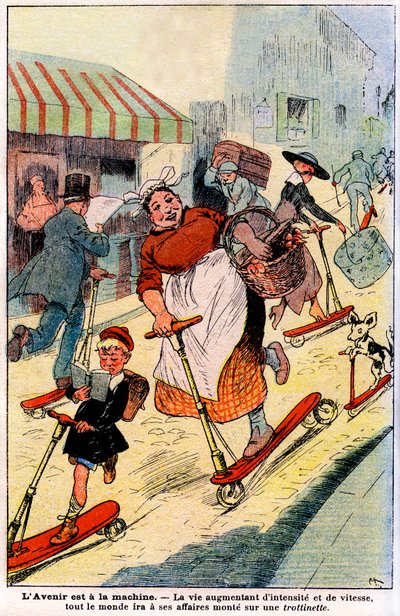 I fremtiden, livet stigende i intensitet og hastighed, vil alle gå til sin virksomhed får på en scooter. 1919 (gravering) af French School