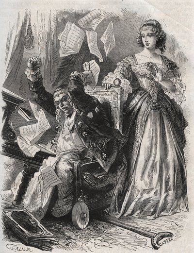 I bytte for vanvittig raseri fik han fjer, bøger og papirer til at flyve: digteren Paul Scarrons (1610-1660) vrede foran sin kone, Francoise d